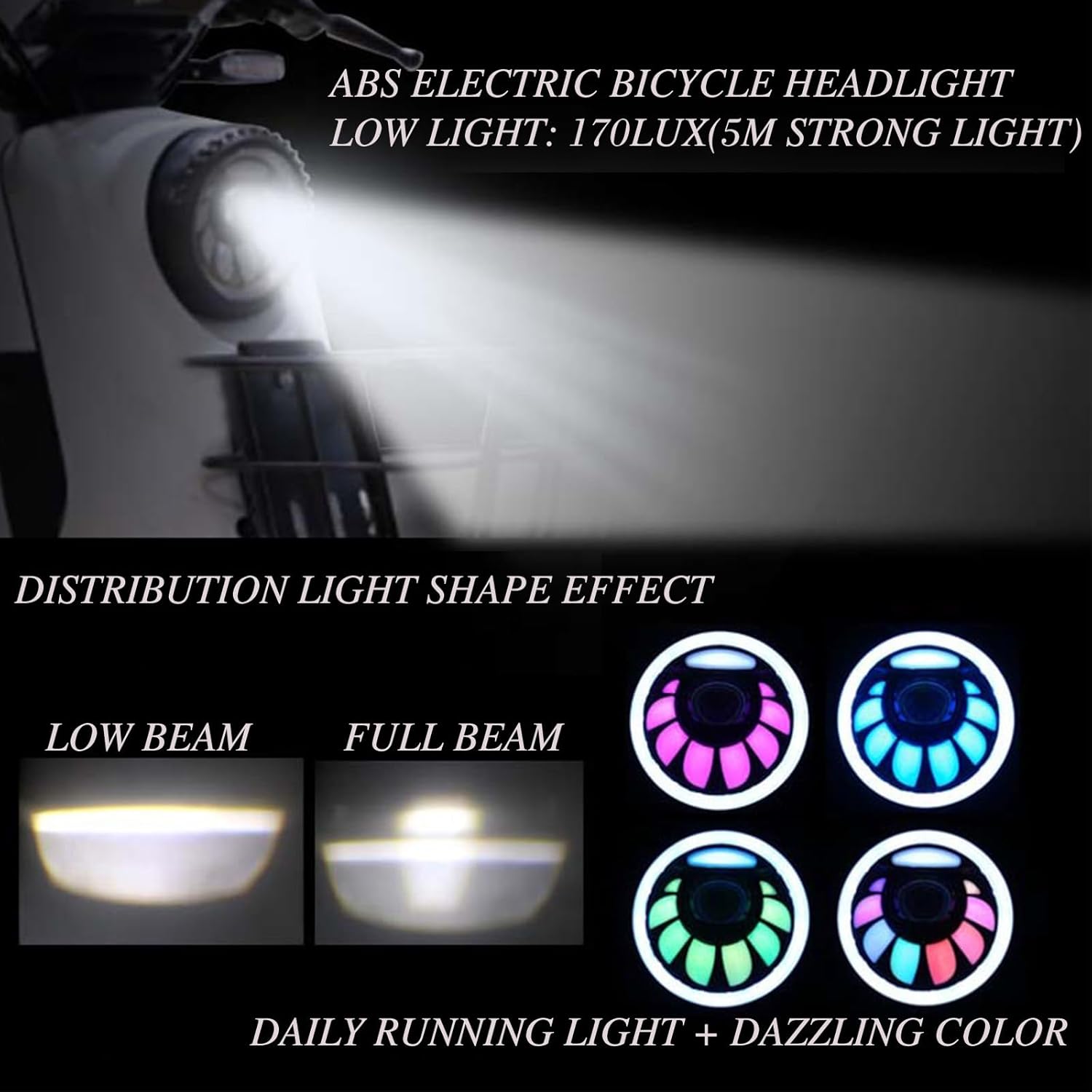 EBike LED Headlight with Horn 3 Pin Male Waterproof Connector Super Bright Front Horn Light for Night Riding 36V 48V Fat Tire Mountain Ebike Front Lamp