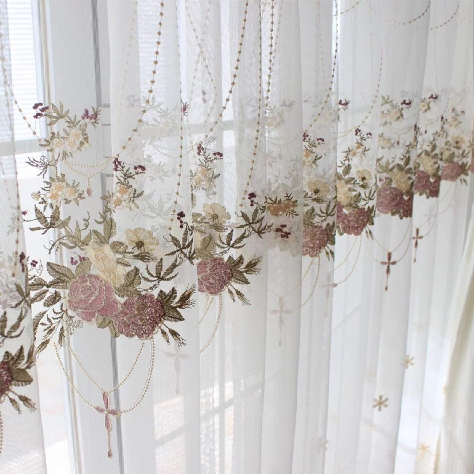 Voile rideau floral rose brodé pastorale 150x270cm avec crochets pour salon