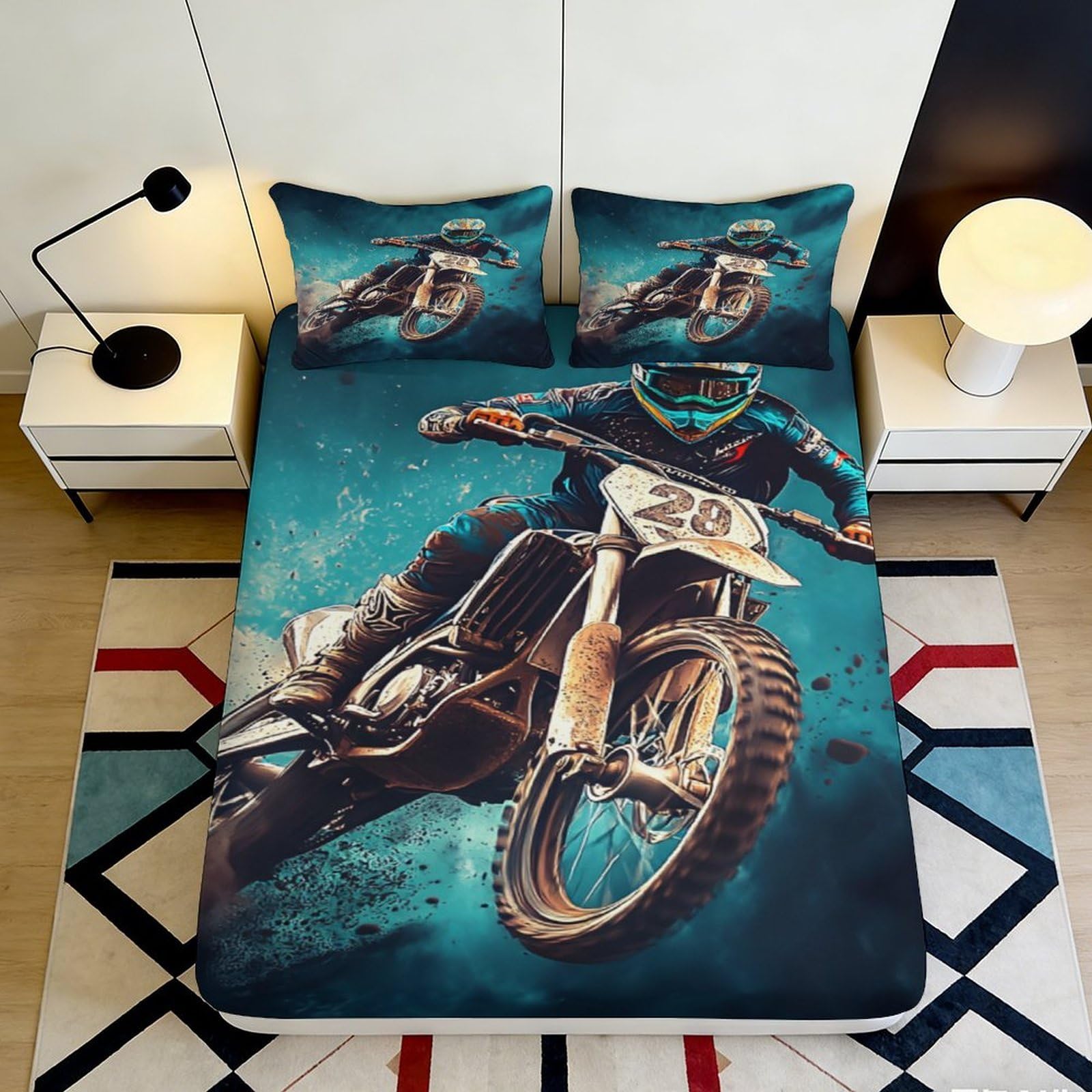 Pnayamiorkfel Style-8 3D Printed Motocross Rider Fitted Sheet Microfiber Blue Graphic Bed Cover For Bedroom Dorm Mattress Protection Decor 90X200x25cm