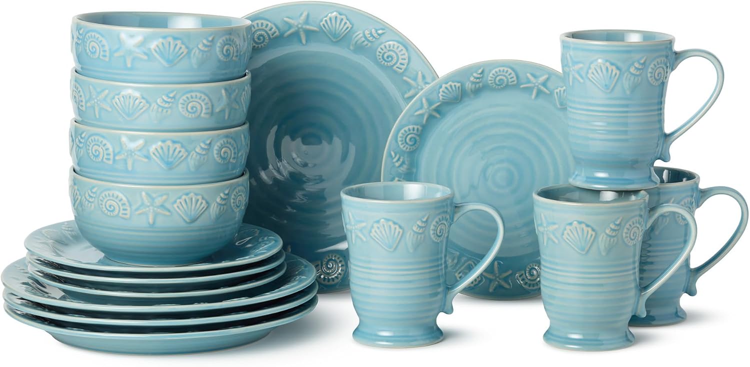 Coastline Blue 16-Piece Stoneware DINNERWARE SET,SERVICE for 4,with embossed coastal shells and starfish, durable sea-blue tableware for relaxed coastal living, everyday meals
