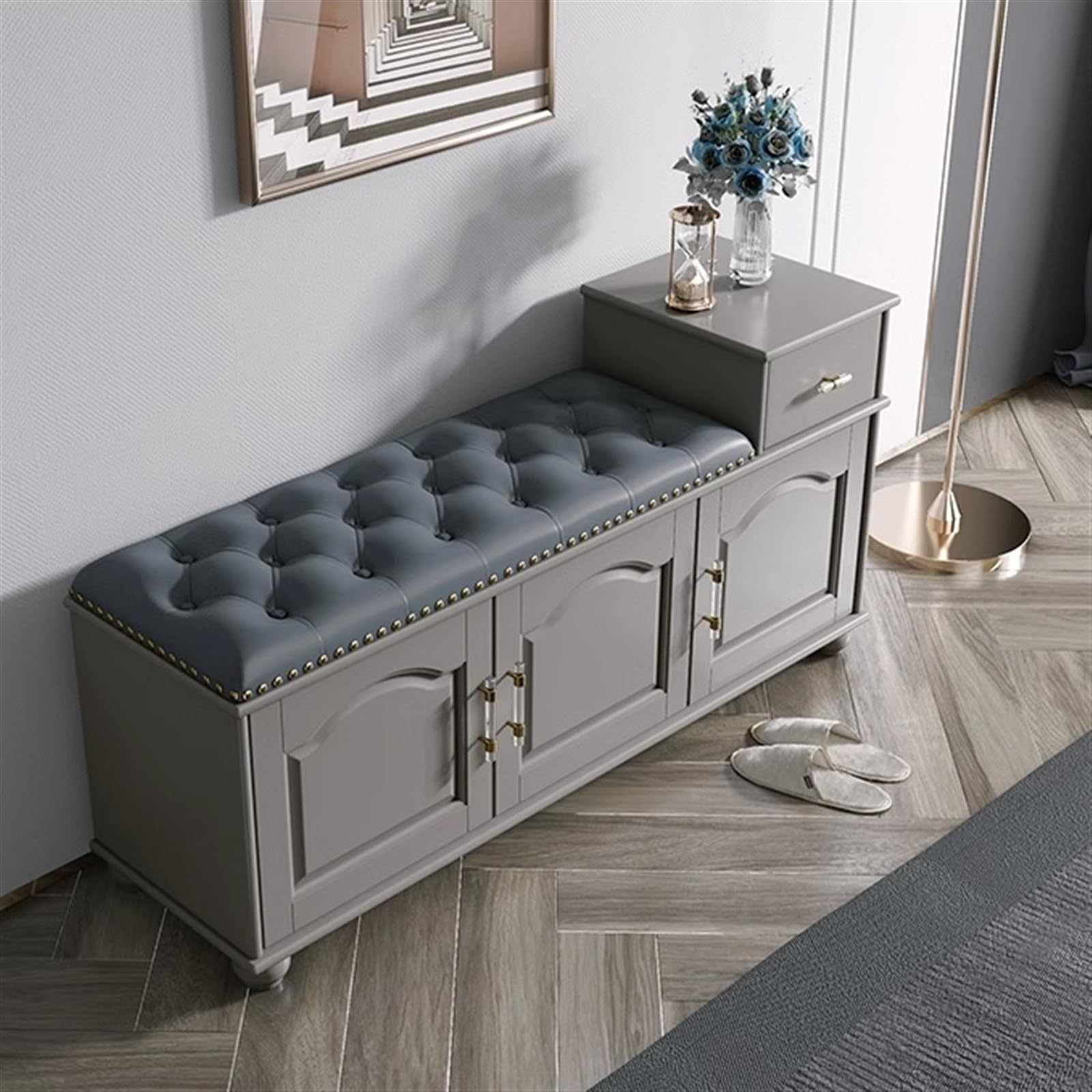 SONGYL-20249 Scarpiera da ingresso Panca for scarpe Premium grigia con cassetti e armadietto, panca for moderna di lusso, for da ingresso in legno sedile in pelle(Grijs,100cm)