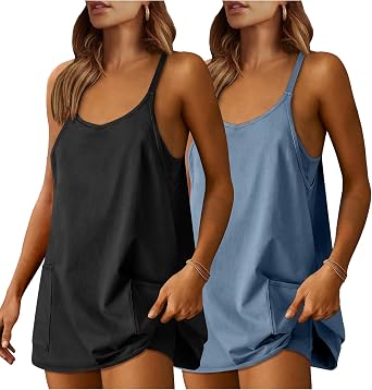 Womens 2 Pack Summer Mini Dress Oversized Workout Athletic Dress with Built in Shorts Spaghetti Strap Rompers
