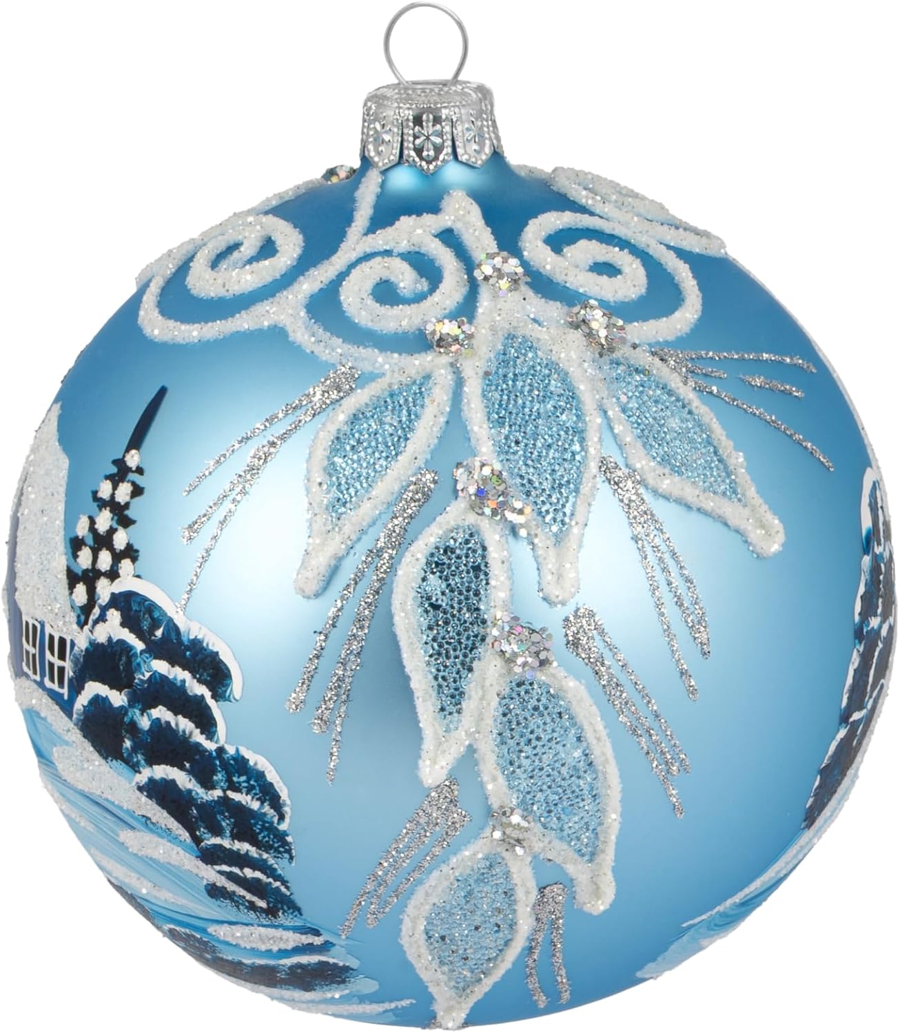 Sky Blue Christmas Ornament Polish Blown Glass Ball Medium Bauble 5 inch/120mm Hand Painted Winter Wonderland