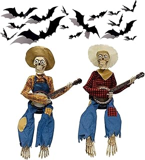 Funny Animated Dueling Banjo Skeletons 2pcs – Halloween Skeleton Duo with Light-Up Eyes, Music & Motion, Poseable Cowboy Skeleton Musicians for Haunted House & Party Decor (A+B, NO Light)