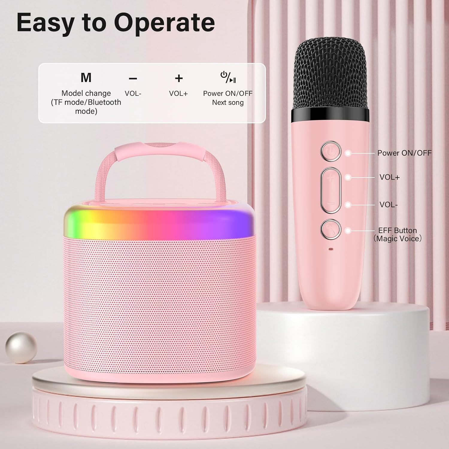 JYX Mini Karaoke Machine for Kids, Portable Bluetooth Karaoke Speaker Unpowered Cabinets with 1 Wireless Microphones and Party Lights and Adults, Birthday Gifts for Girls Boys Family Home Party(Pink) - Image 3