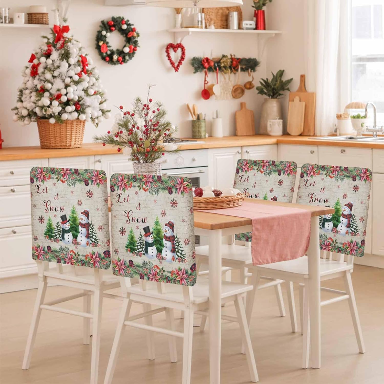 4Pcs Chair Back Covers for Dining Chairs Christmas Snowman Poinsettia Snowflakes Vintage Removable Washable Chair Cover for Home Kitchen Restaurant Party Holiday Decoration