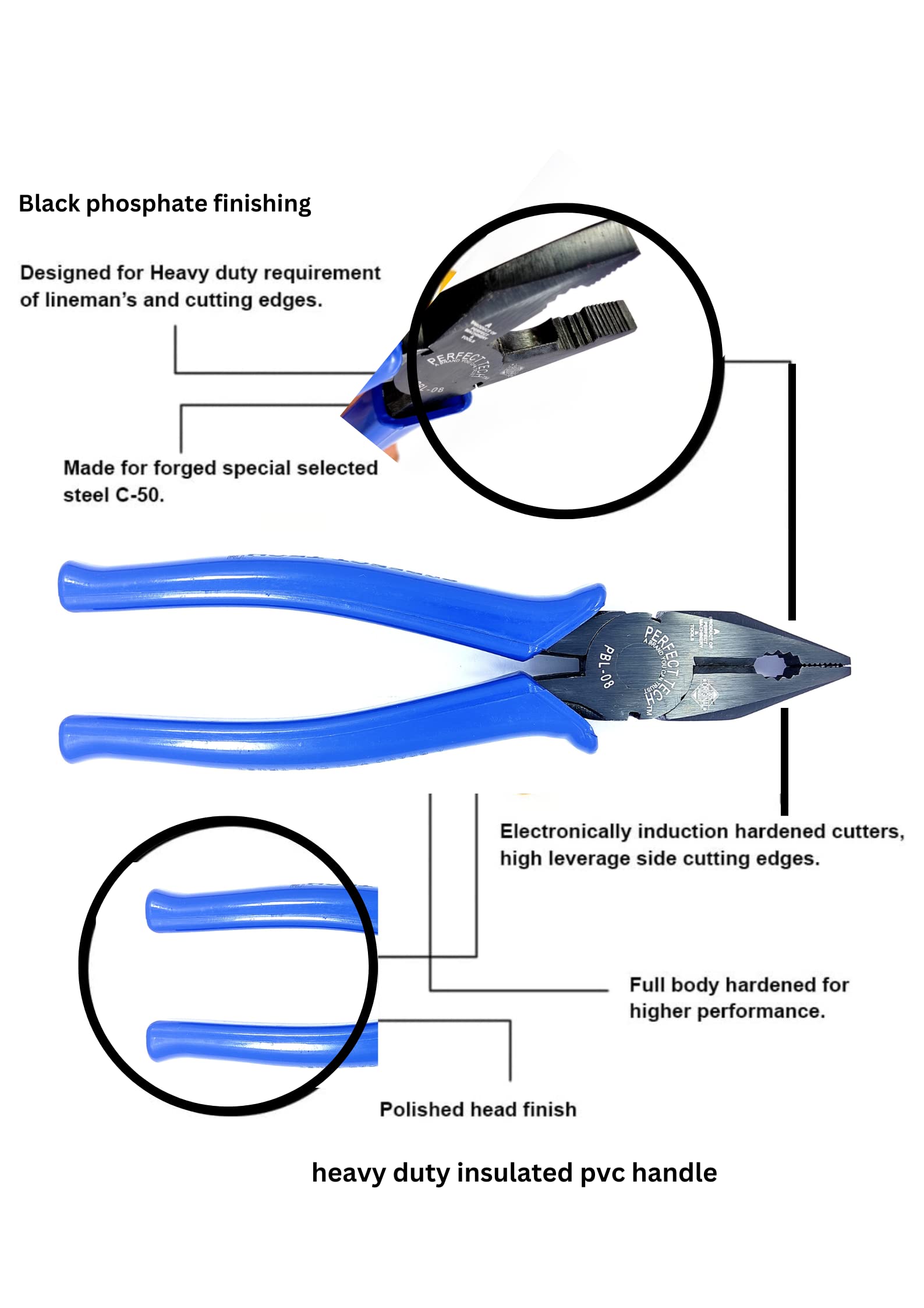 Combination Cutting Plier | Combination Plier Set 8-inch | Spanner Cutting | Plier Tool Kit | Pliers original | PBL-08-205 MM/ 8| Handle Steel |Black Phosphate Finishing With Blue Sleeves 3