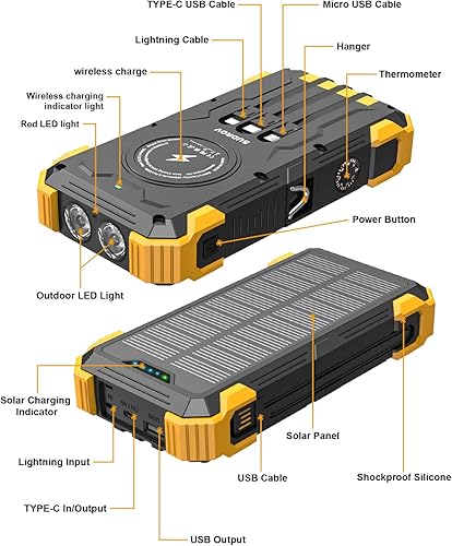 Miniatura 8 de Cargador solar, cargador portátil inalámbrico de 42800 mAh con entrada y salida USB-C, carga rápida QC3.0 de 15 W, 4 puertos, batería para