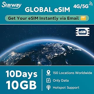 Global eSIM 10Days 10GB| Instant Email Delivery| Global Coverage for 150 Regions| Europe, Mexico, Canada, Asia, Australia&NZ, Latin America, Africa etc.| 5G, 4G/LTE| Hotspot Supported| Data ONLY