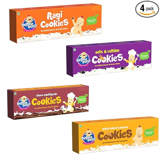 Bebe Burp-Organic Ragi,Whole Wheat, Oats & Chocolate Cookies | Natural Tasty & Healthy Cookies | No Preservatives & Artificial Flavors | Cookies Snacks For Kids-150gm (Pack of 4)-(1 for Each)