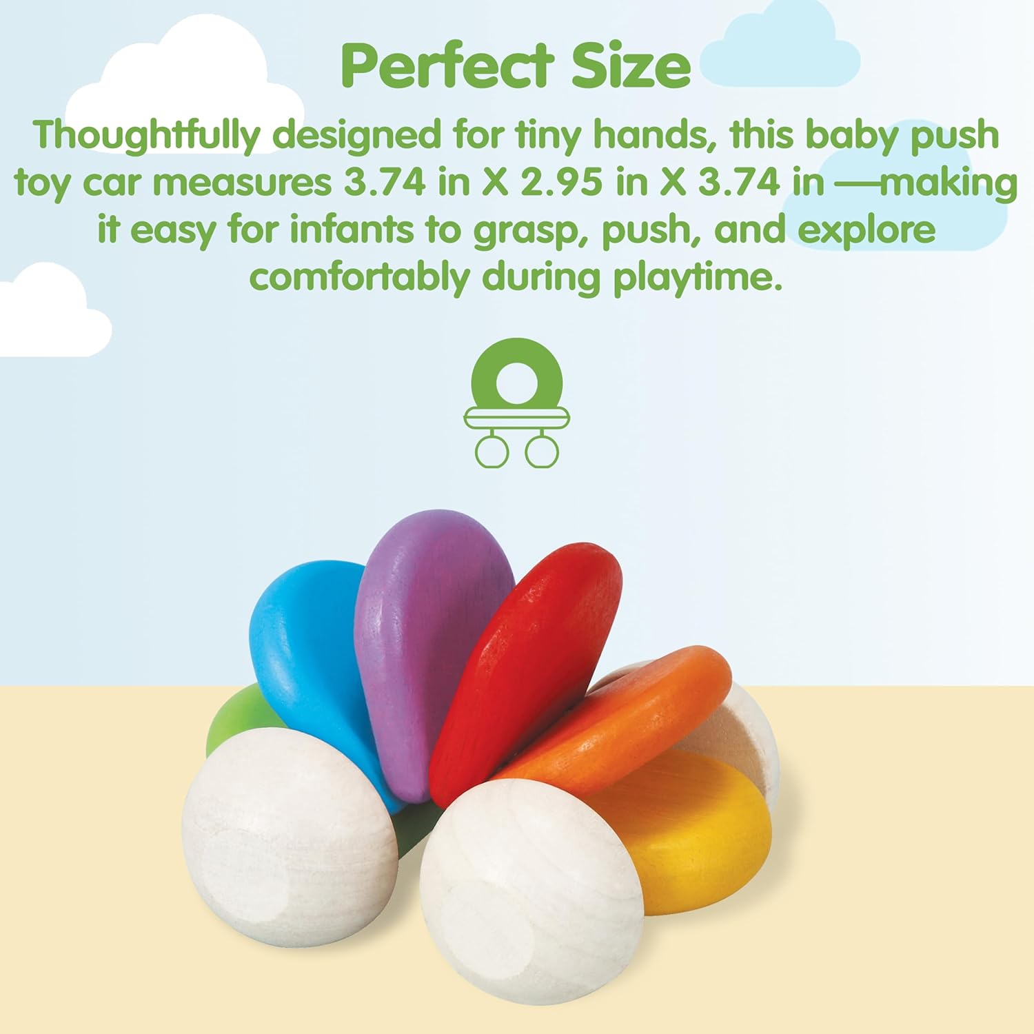 PlanToys® Wooden Baby Push Toy Car | Colorful Montessori Toy for Infants | Wooden Baby Toy with Flexible Body | Sensory & Motor Skill Development Toy for 6+ Months Rainbow Color image 2