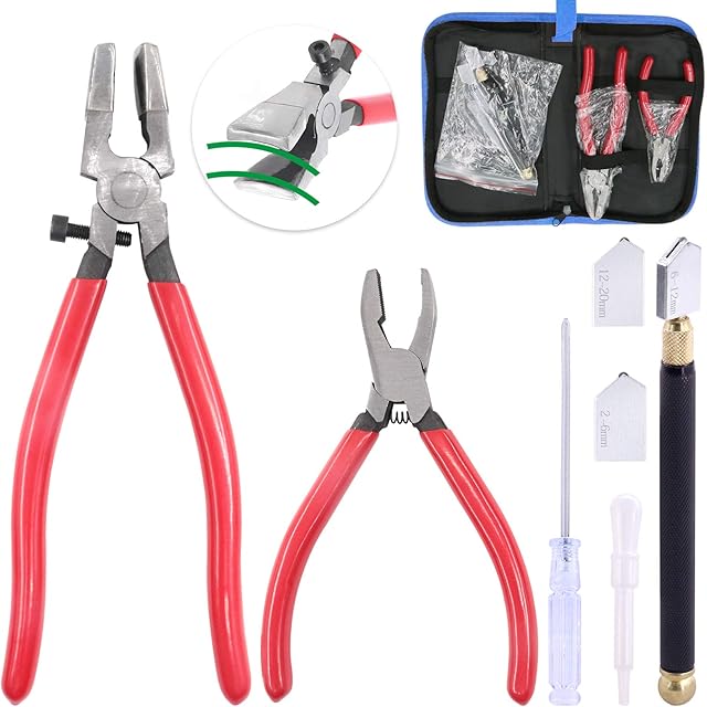 Glarks 4Pcs Heavy Duty Glass Running Pliers Tools Set, Breaker Grozer Plier with Glass Cutter and Pencil Style Oil Feed Carbide Tip Glass Cutter for Mosaic/Tiles/Mirror/Stained Glass Cutting