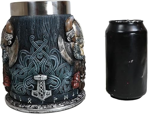 Miniatura 7 de Ebros Gift Mitología nórdica gótica vikinga cráneo Ragnar Danegeld Warrior con casco de cuernos taza de café con martillo runa mango de nudos, taza