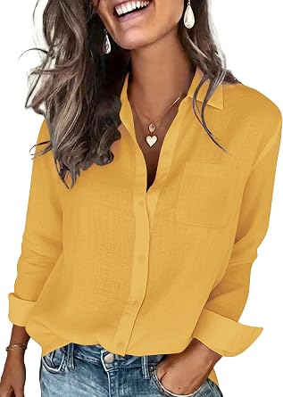 Womens Cotton Linen Textured Shirt Long Sleeve Button Down Collared Blouses Dressy Casual Gauze Tops with Pocket Breathable