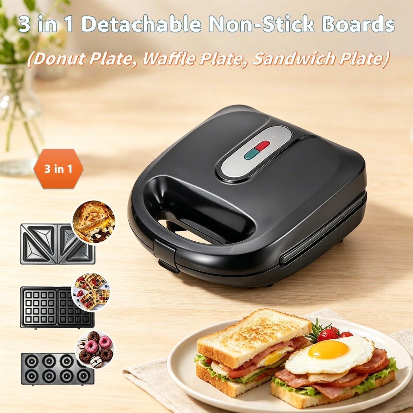 3 in 1 Donut Maker, Electric Waffles Sandwich Machine，Panini Press Grill Iron Set with 3 interchangeable Removable Non Stick Plates，Detachable Dessert Toaster for Breakfast