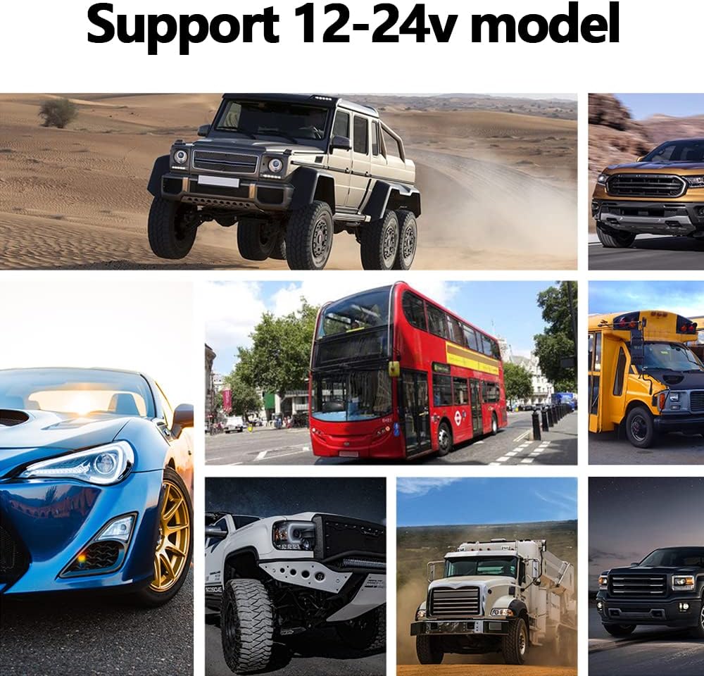 Various vehicles like trucks, buses, and cars, illustrating 12-24V compatibility