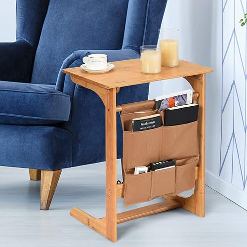 Miniatura 5 de COSTWAY Mesa auxiliar 100% de bambú, mesa auxiliar con bandeja de TV en forma de L, mesa auxiliar de aperitivos para computadora portátil con bolsa