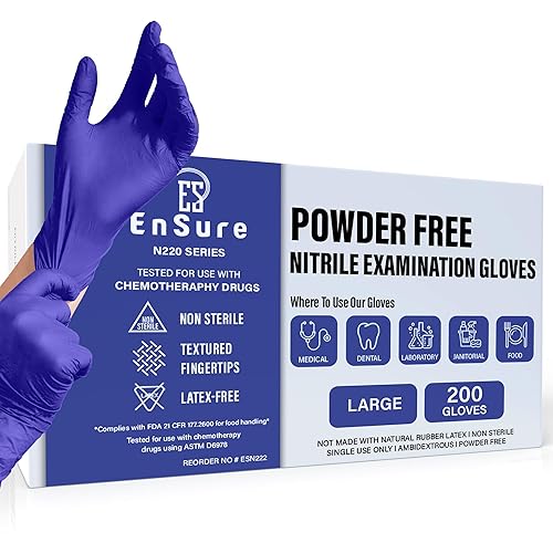 Guantes EnSure de nitrilo para examen, sin polvo, sin látex, aptos para quimioterapia, no estériles, de uso ligero, puntas texturadas, para uso