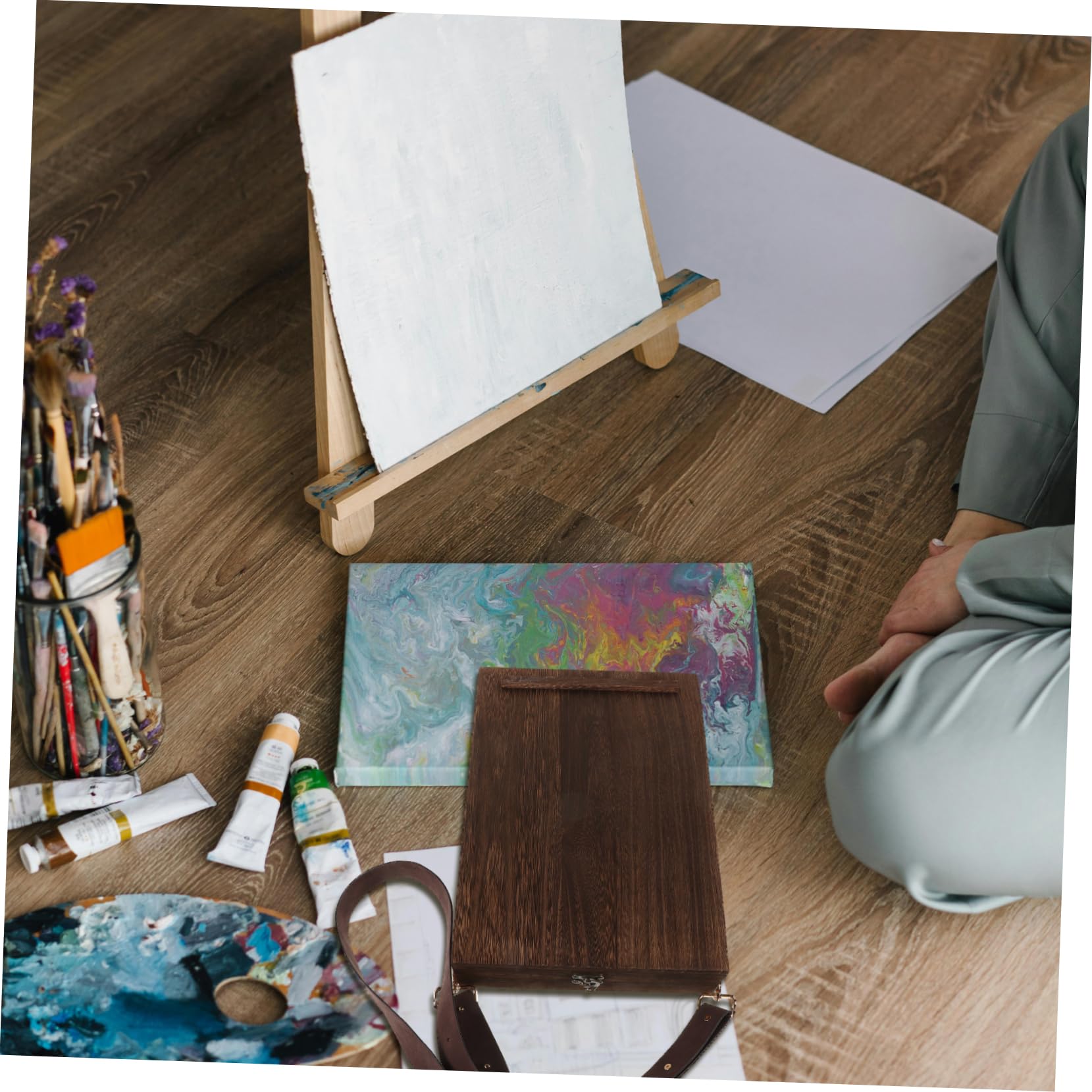 Scatola Portaoggetti in Legno con Coperchio, Design Portatile ed Elegante e Organizzazione di Cancelleria per Artisti e Ufficio, per Pittura All'aperto