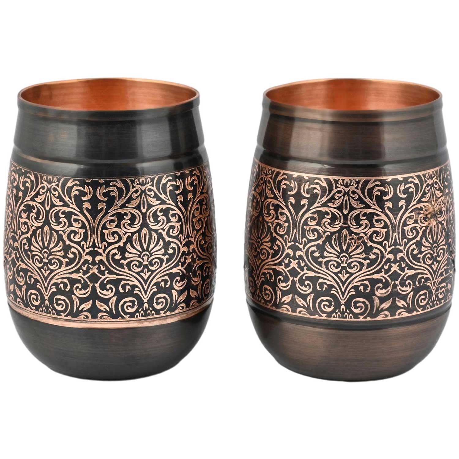 ANCIENTIMPEX Set di 2 bicchieri in rame, motivo floreale, capacità 250 ml, per benefici ayurvedici per la salute (a botte).