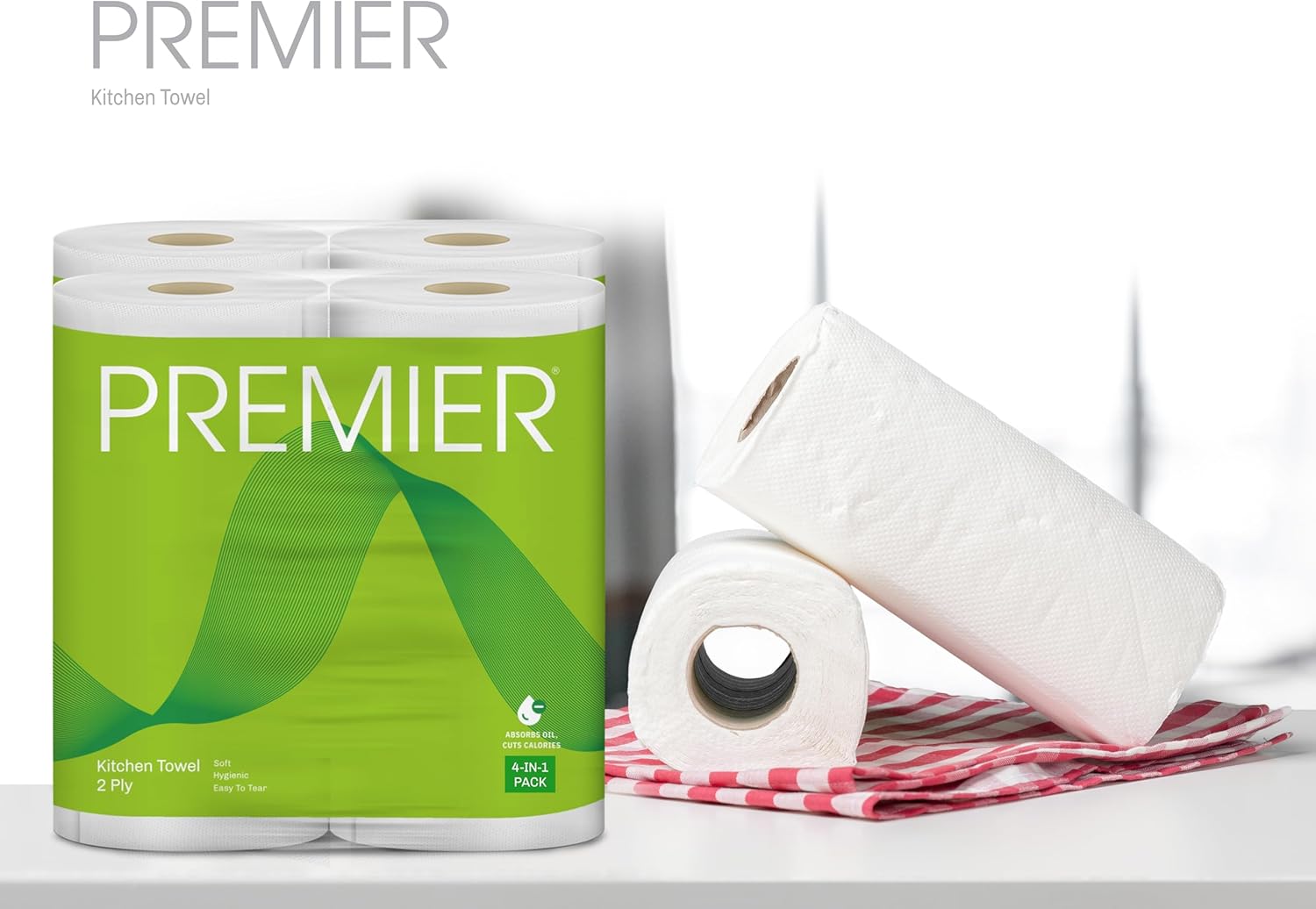 Premier Kitchen Towel 4-in-1 Pack, 2-Ply – Super Absorbent Kitchen Tissue Paper Towels for Everyday Cleaning, Kitchen Paper Wipes, Pack of 4 Rolls, Multipurpose tissue rolls for Home Office
