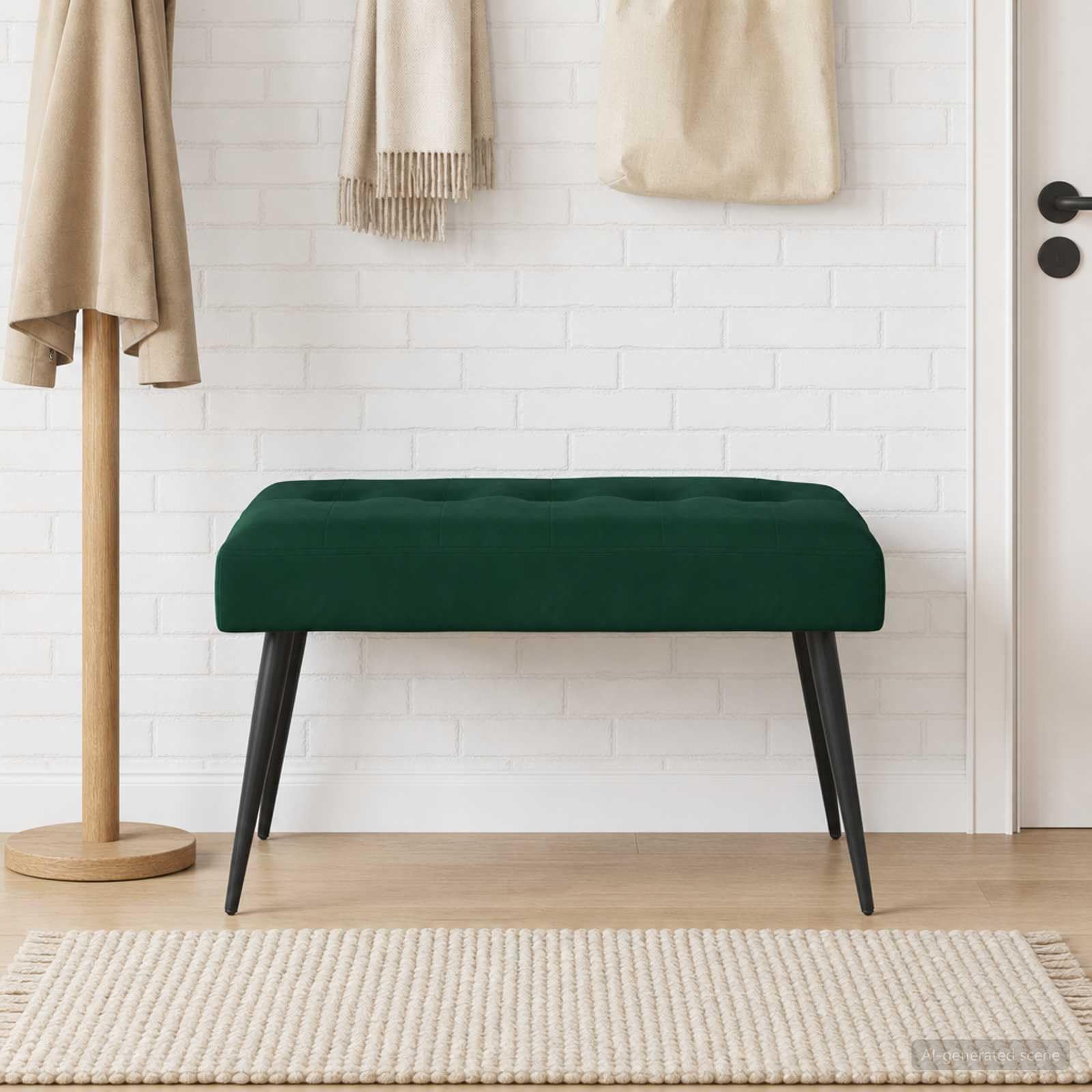 Bank mit Knopfheftung Dunkelgrün Samt Polsterbank 80 x 40 x 46 cm mit Metallbeinen für Flur Schlafzimmer Wohnzimmer Esszimmer als Garderobenbank und Schuhbank
