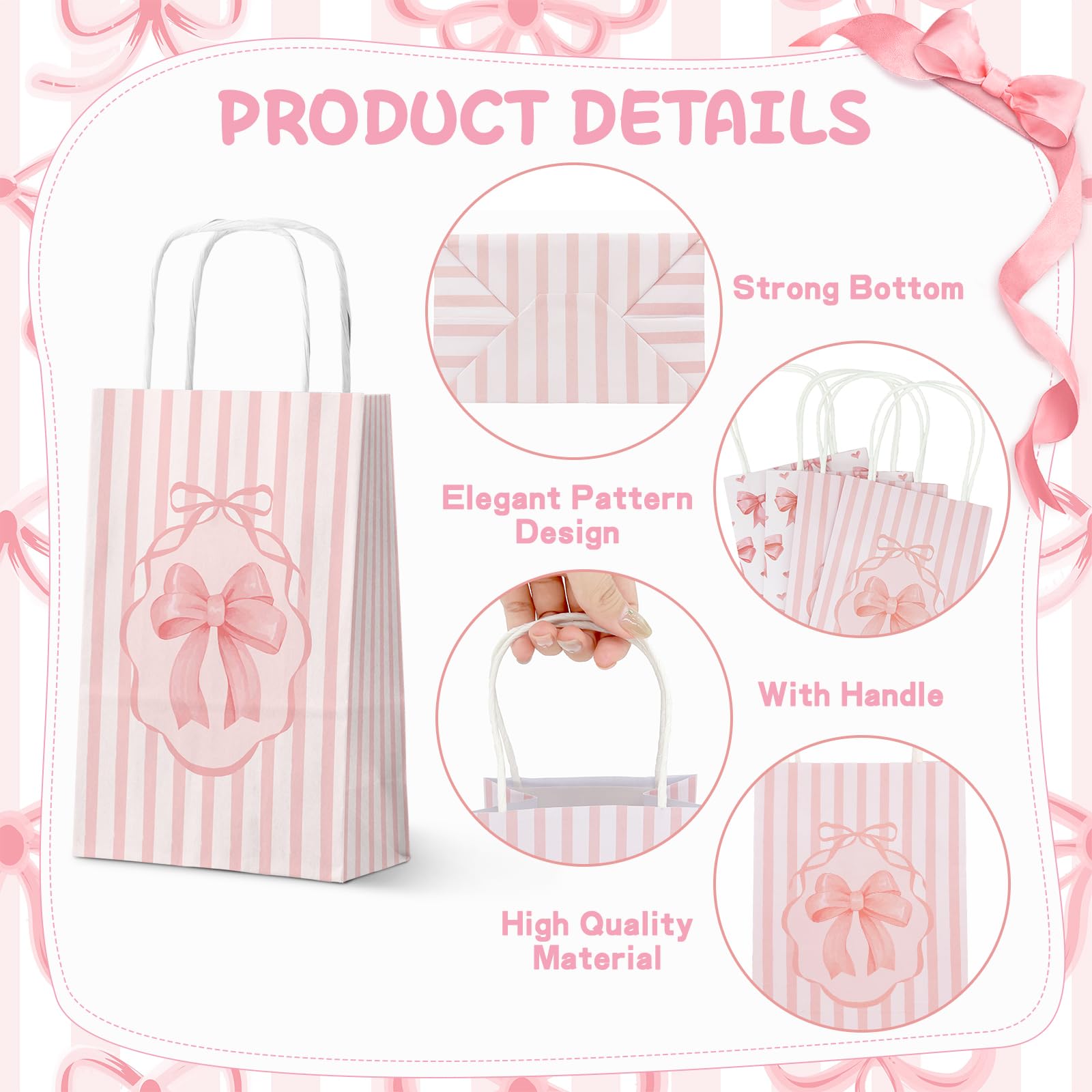 FRIDAY NIGHT 16 PCS Pink Bow Paper Gift Bags with Handle Valentine's Day Gift Bag Pink Party Favor Bag Cute Bow Goodie Candy Treat bags for Birthday Wedding Engagement