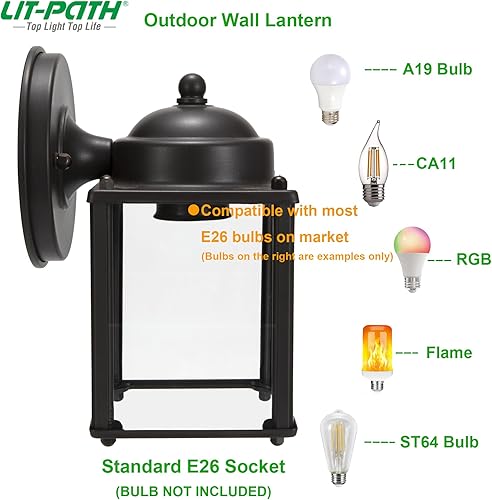 Miniatura 3 de LIT-PaTH Farol de pared para exteriores, aplique de pared como accesorio de iluminación de porche, base mediana E26 de 60 W máximo, carcasa de