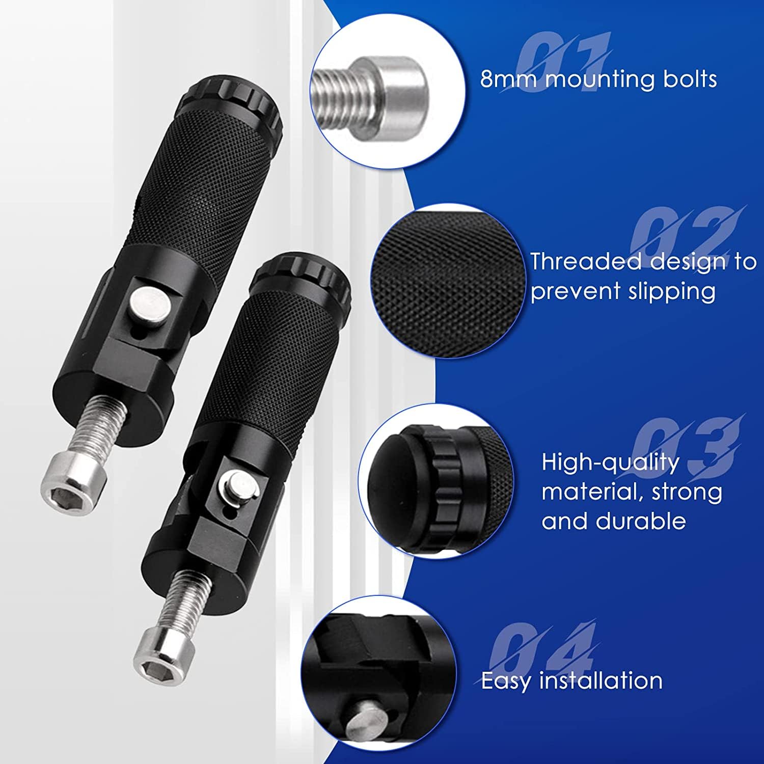 Pedane Pieghevoli per Ciclomotore, Pedali in Alluminio da 2 Pezzi per Auto Elettrica da Moto 8 Mm Asta di Supporto Pieghevole Universale a 90 Gradi Nero (nero