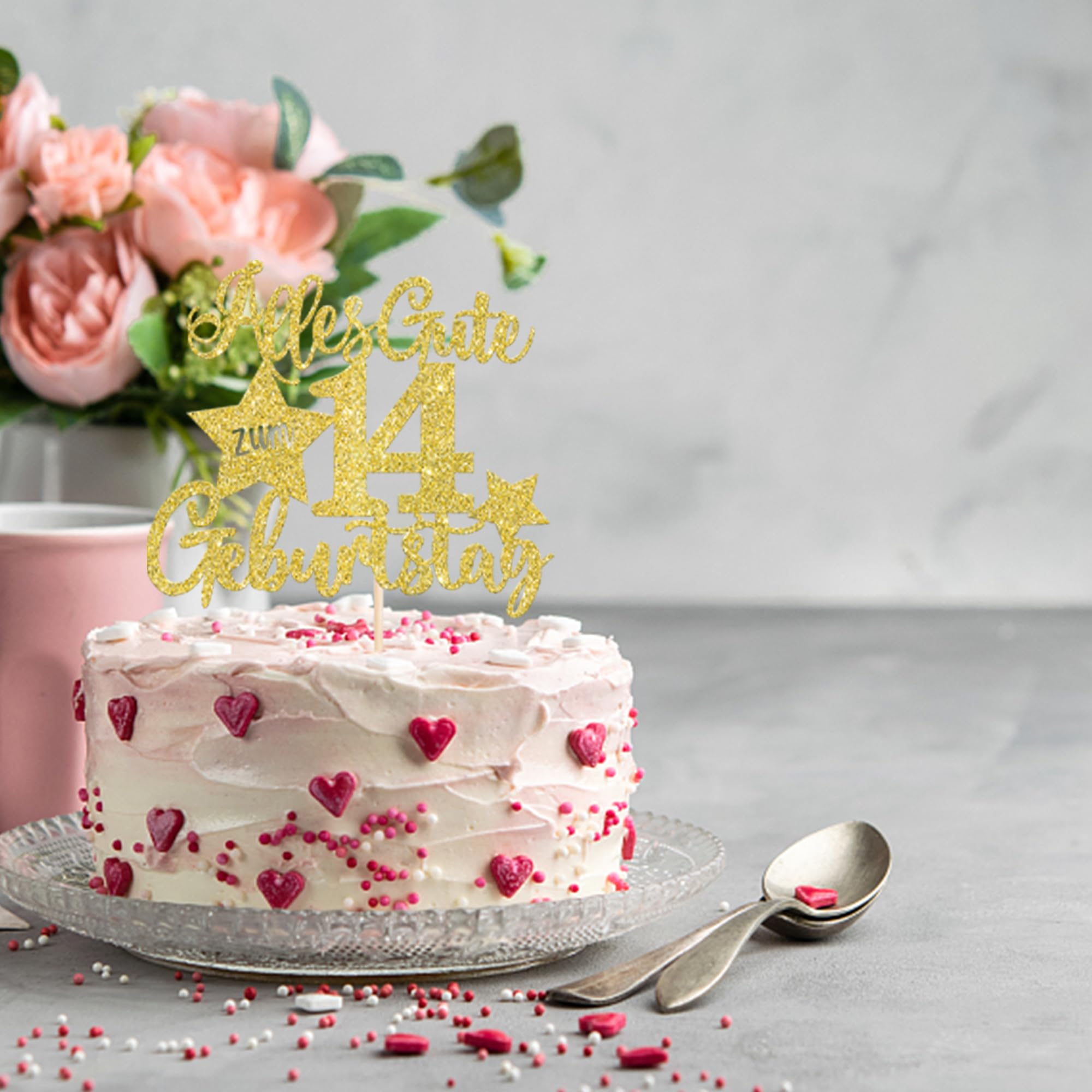 Gleevio Torten Deko 14. Geburtstag - Glitzer Cake Topper Schwarz Gold
