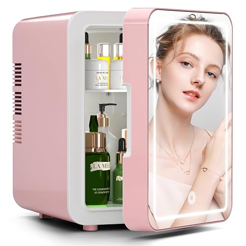 BOGDA Mini Skincare Fridge 4 Liter 6 Can with Dimmable LED Light Mirror (Pink)