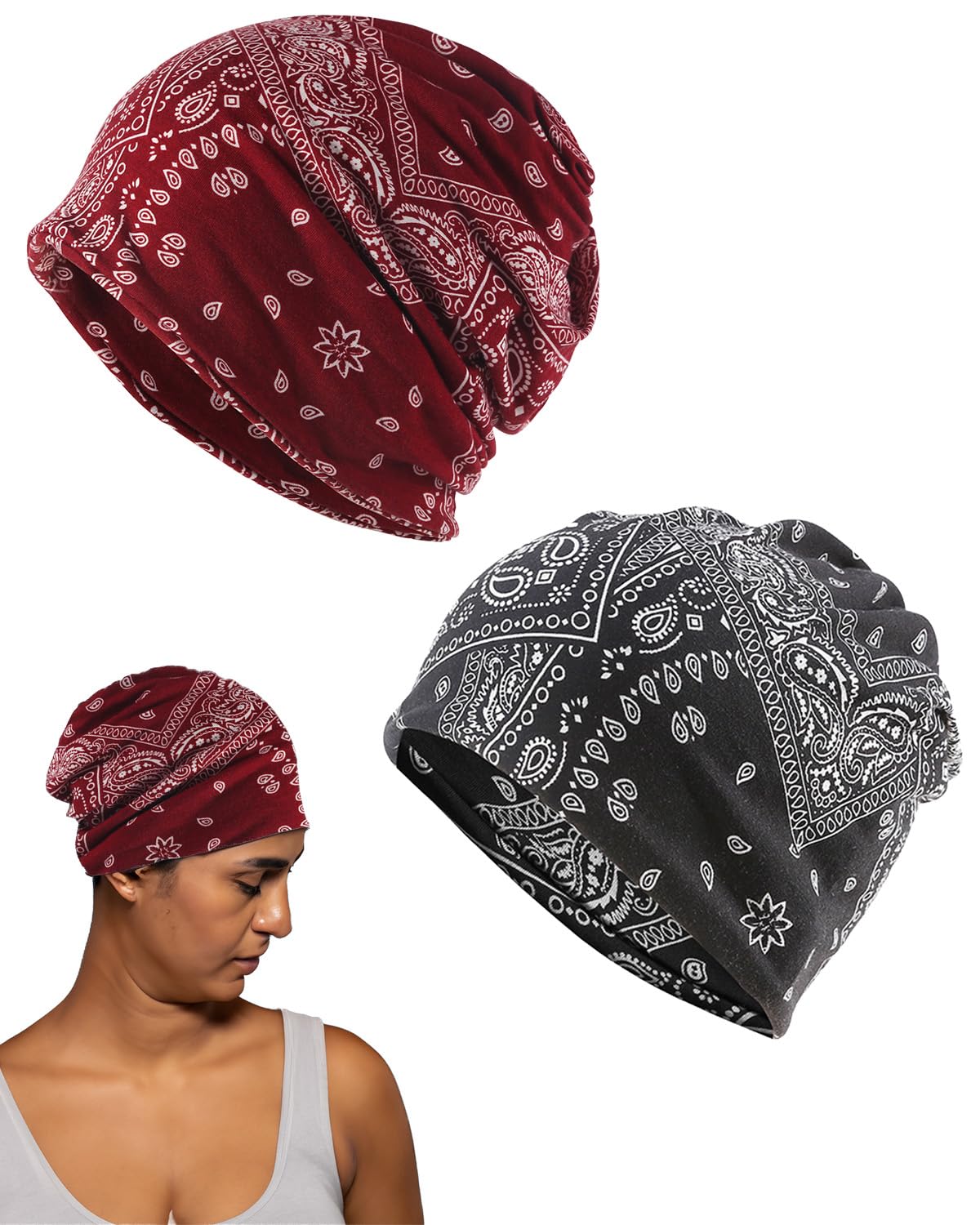 2 PCS Chemo Caps for Women, Slouchy Skull Caps, Soft and Stretchy Bandanas, Comfortable Beanie Caps Monkey Cap for All Seasons, Head and Neck Print Scarf for Outdoor Casual Wear (Red, Black)-image-46