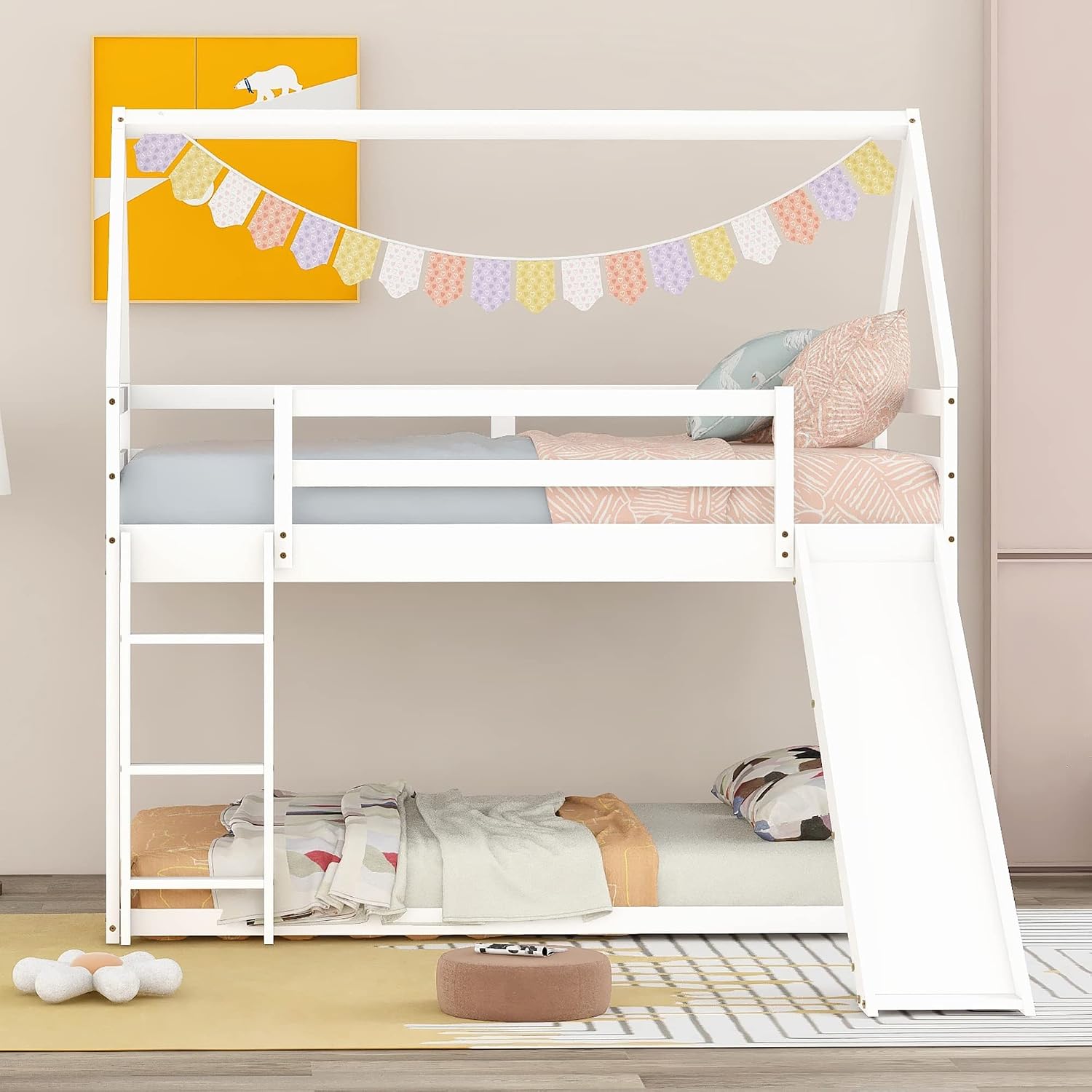 Bellemave House Bunk Beds with Slide Twin Over Twin Low Bunk Bed Wood Frame Floor Bunkbed for Toddlers Kids Boys Girls, White