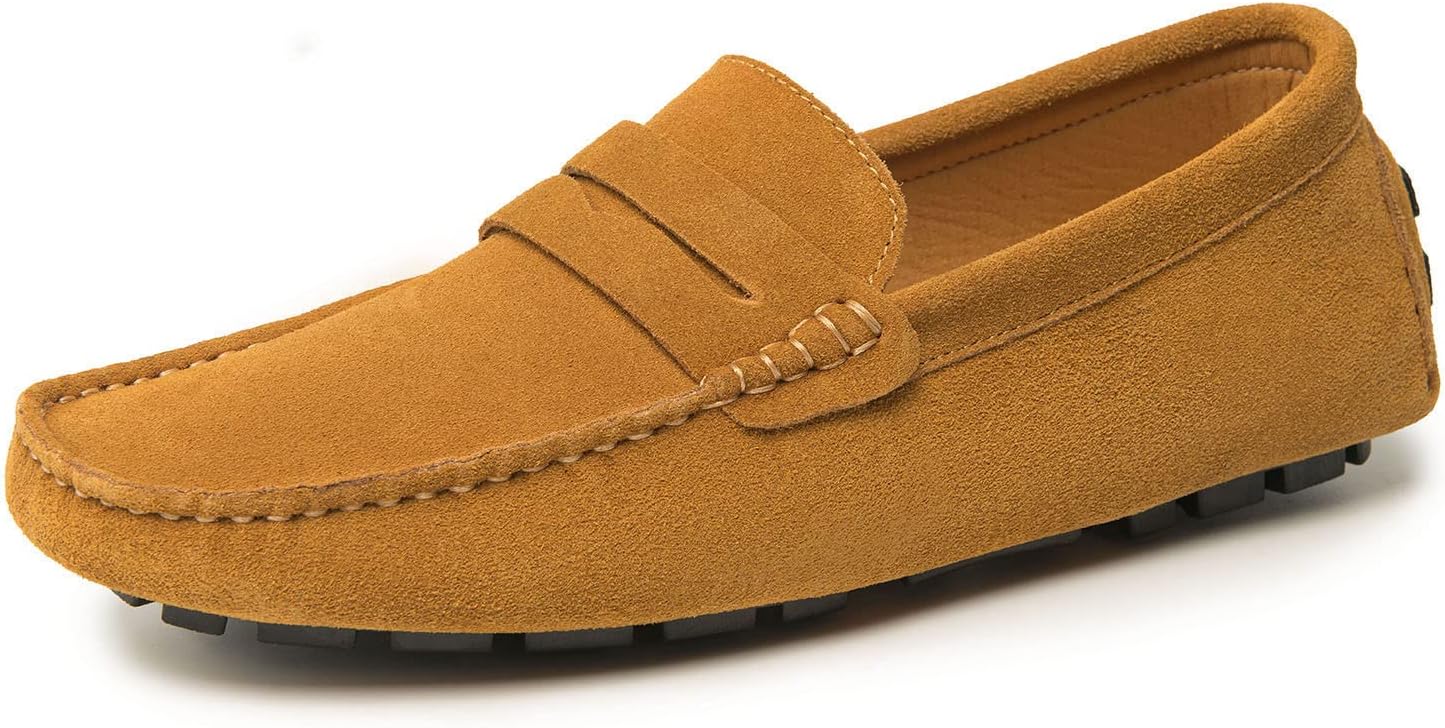 Go TourMens Handmade Suede Leather Penny Loafers Moccasin Slip On Boat Shoes Brown 9.5 M US/43