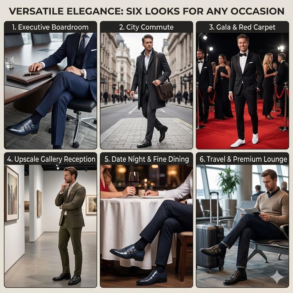Zapatos de Vestir Hombre Hebilla Monje Piel Estampado Cocodrilo Triple Hebilla Mocasines Formales Boda Oficina Negocios