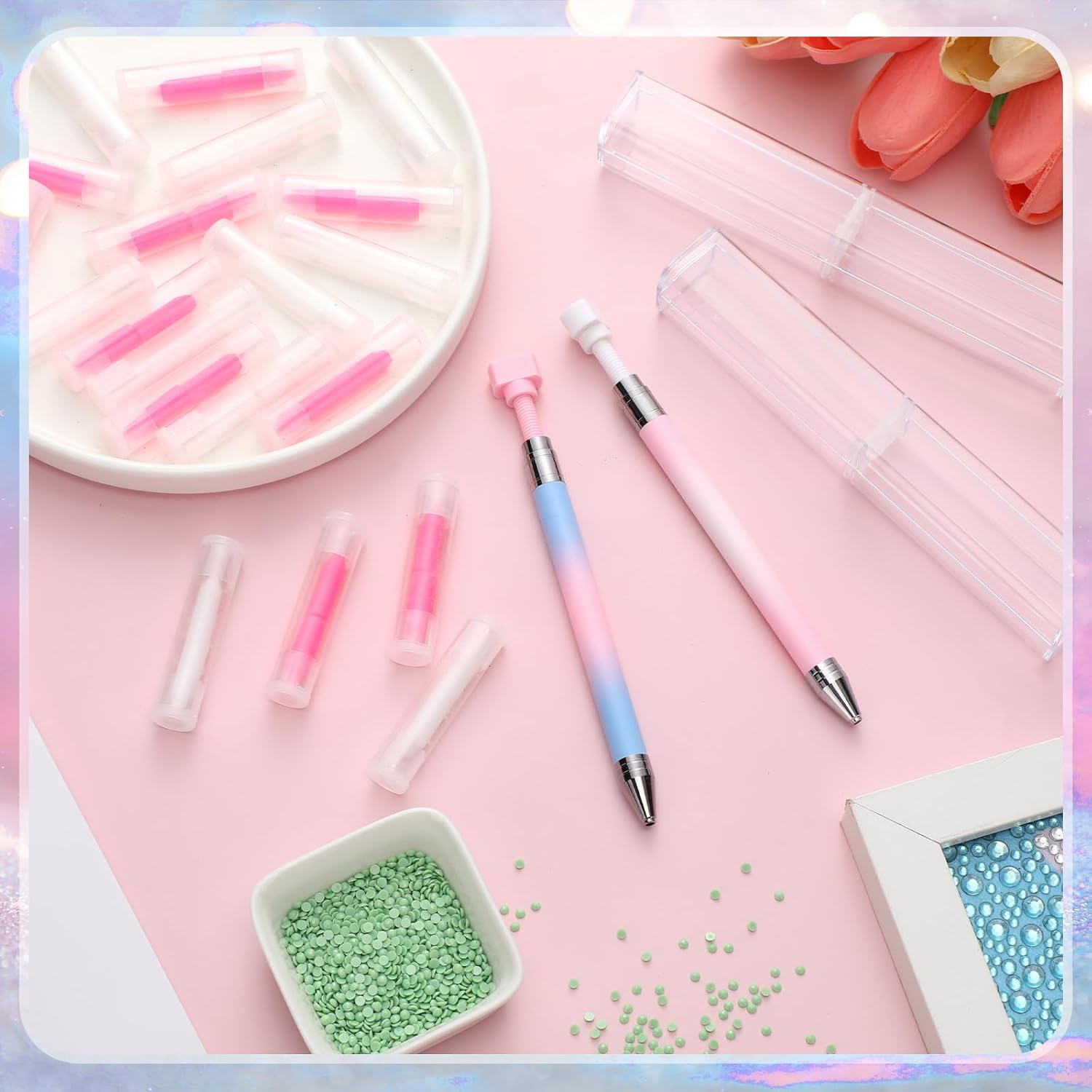 Jutom 2 Pack Diamond Painting Pens with 40 Replacement Wax Pink Wax Diamond Art Accessory with Protective Case Art Pen Tool for Nail DIY Painting Craft Gem(Gradient)