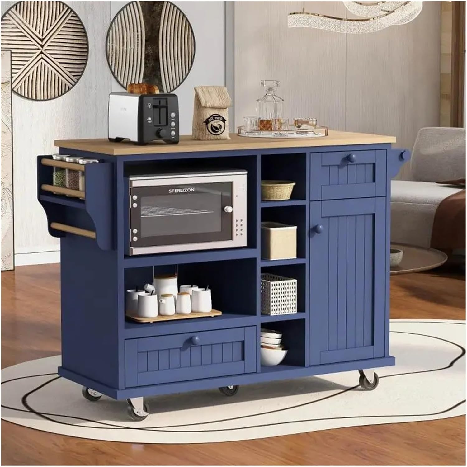 Storage Trolley Kitchen Island Cart with Storage Cabinet and Two Locking Wheels, for Room,Dining, Bathroom Shelving Organizer(Blue)