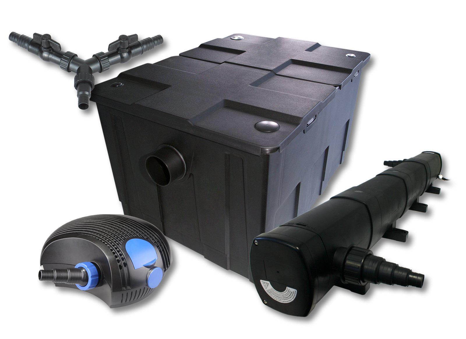 SunSun Kit complet: CBF-550 Filtre de bassin jusqu'à 60000 L Biologique, CTF-12000 SuperECO pompe de filtration 12000l/h 100W, CUV-272 lampe uv UVC Clarificateur avec 72W, Y-distributeur