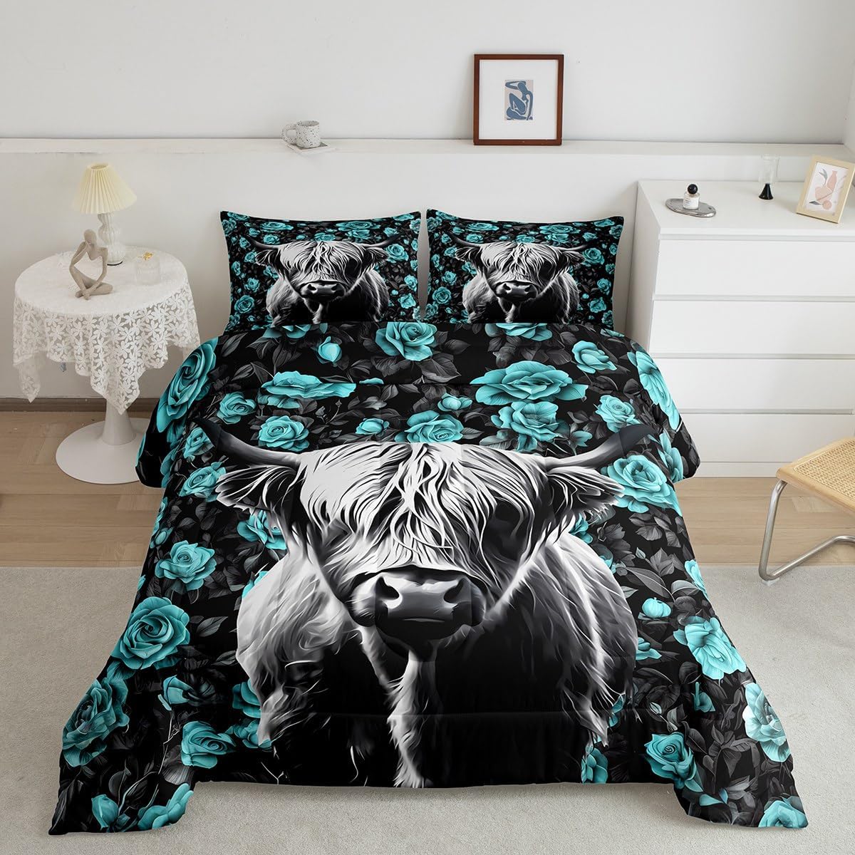 Erosebridal Highland Cow King Comforter Set,Teal Black Rose Flower Bedding Set for Kids Adults,Western Style Farmhouse Duvet Insert,Longhorn Bull Farm Bedroom Decor,2 Pillowcases