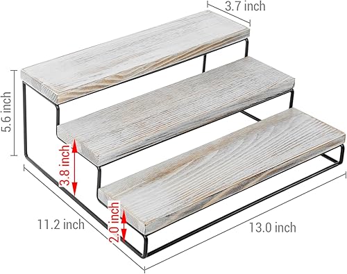 Miniatura 5 de MyGift Soporte para cupcakes de 3 niveles, de madera maciza lavada en blanco desgastado y alambre de metal negro mate en cascada para escalera,