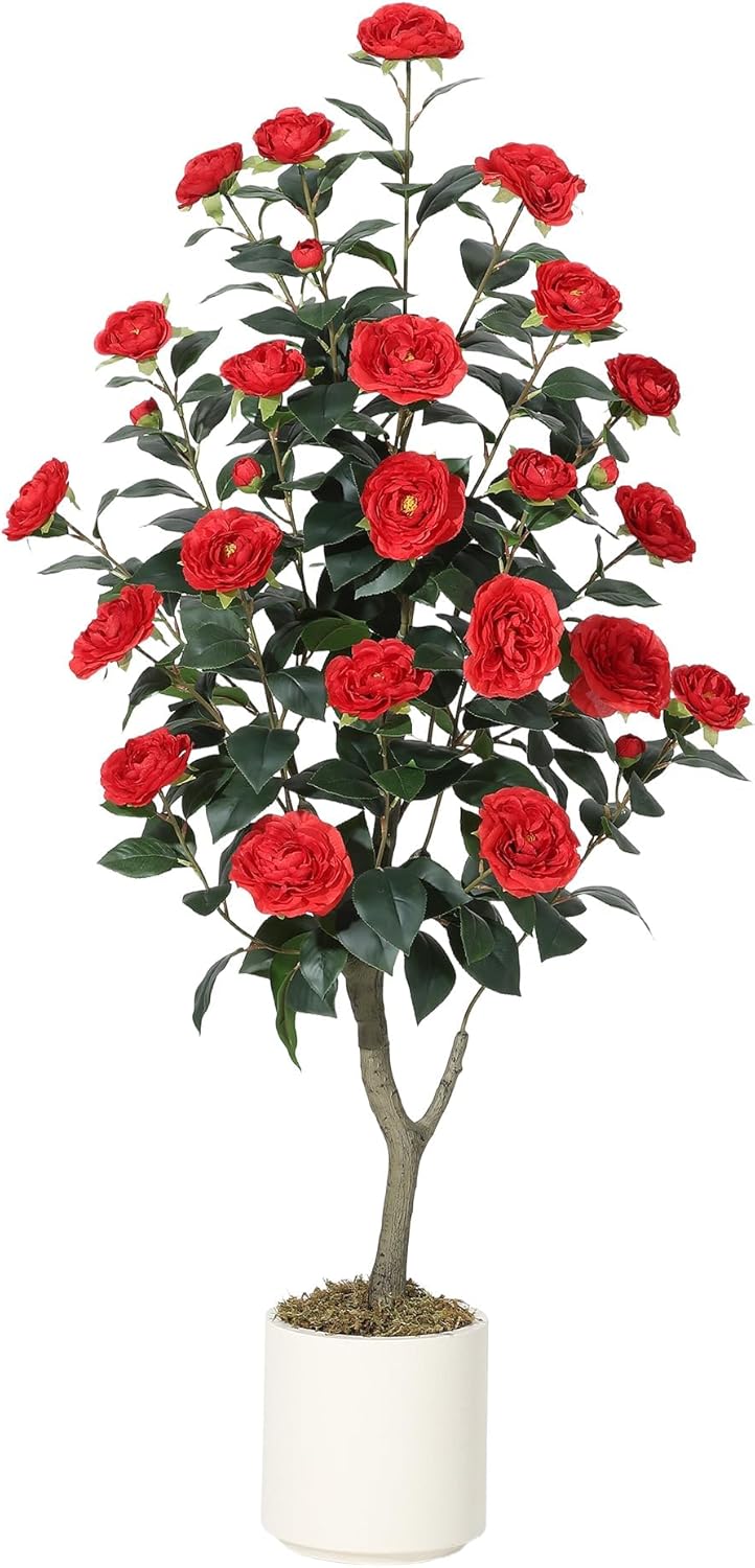 4FT Artificial Camellia Tree, Lifelike Silk Flowers with Green Foliage, Faux Plant in Pot for Home Office Indoor Outdoor Decor, Maintenance for Housewarming (Red)