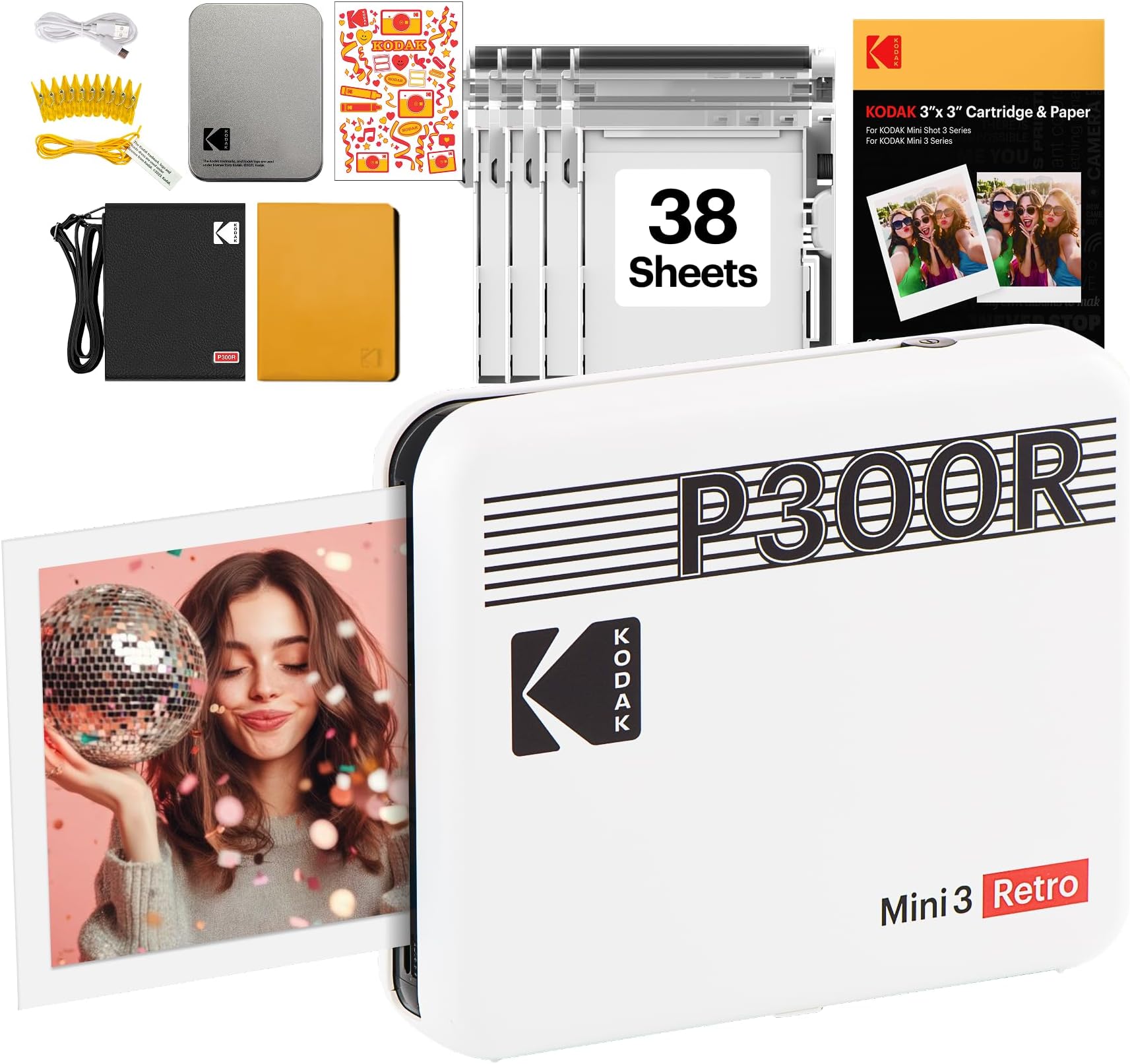 KODAK Mini 3 Retro Portable Photo Printer, Fast Printing, HD Photo, 54 x 86 mm, Bluetooth, Compatible with iOS and Android, Pack of 68 Photo Sheets, White