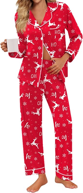 SWOMOG Pajamas for Women Sets 2 Piece Button Down Printed Pjs Long Sleeve Shirt and Pants Fall Sleepwear Cute Loungewear