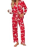 SWOMOG Pajamas for Women Sets 2 Piece Button Down Printed Pjs Long Sleeve Shirt and Pants Fall Sleepwear Cute Loungewear