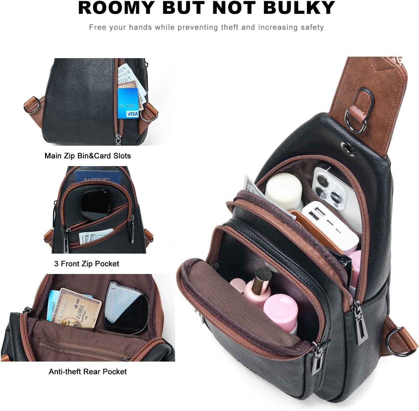 7L Crossboydy Sling Bag for Women Vegan Leather Crossbody Purse Fanny Pack Chest Bag for Travel,Black Brown - Image 5