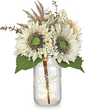 Silk Sunflowers Artificial Flowers with Mason Jar Centerpiece for Table White Fall Flowers in Vase Small Fall Floral Arrangement with Vase Thanksgiving Centerpiece for Dining Room Table Autumn Decor