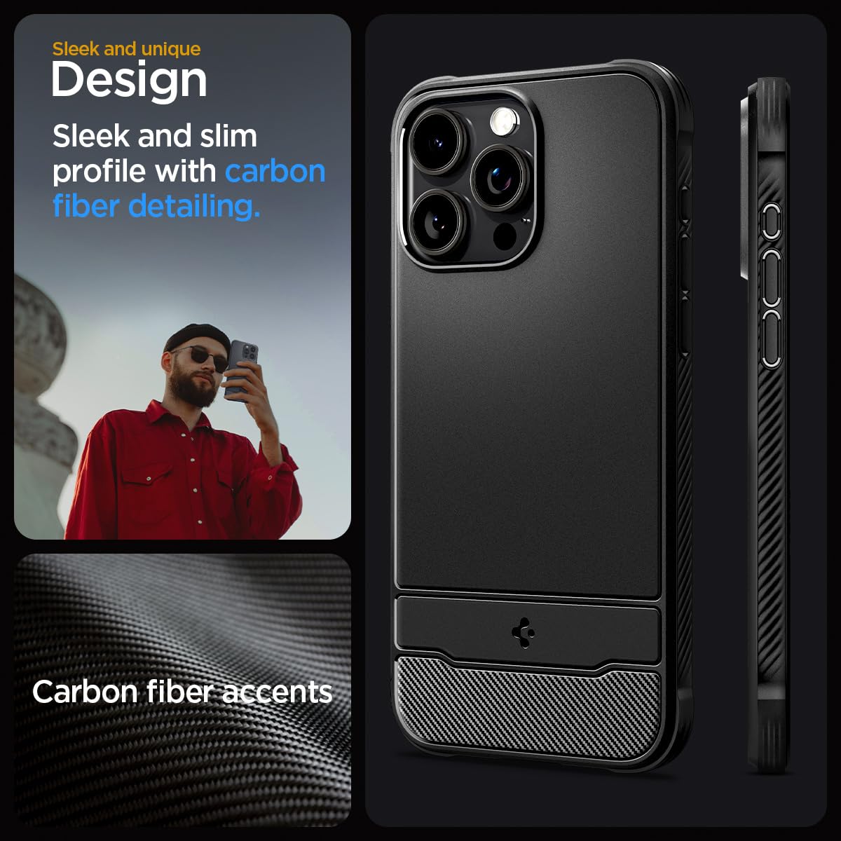 Side view of the Spigen Rugged Armor MagFit case, showing its slim profile and textured grip with carbon fiber accents.