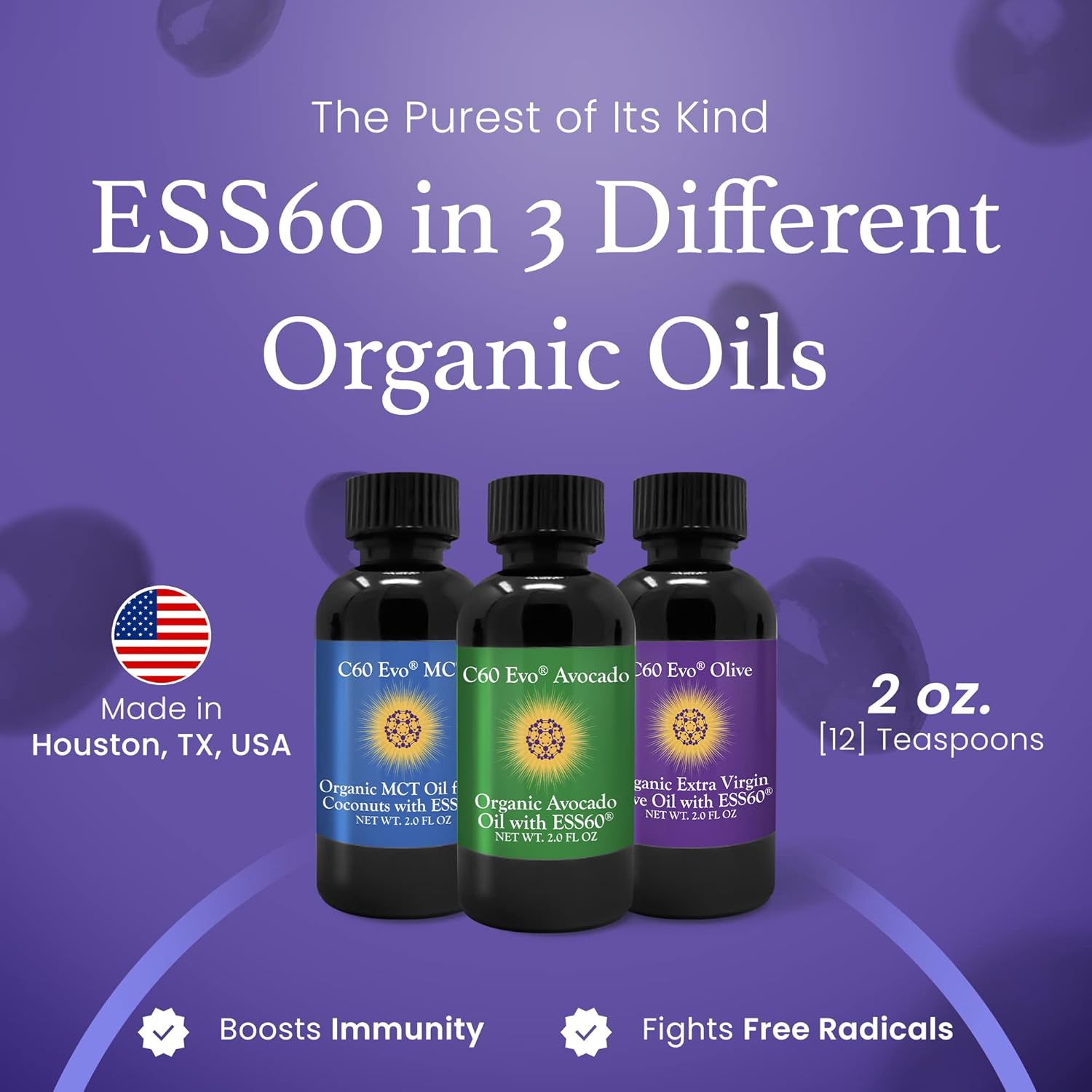 C60 Evo All-Natural Edible Oils, Mini Oil Sampler Set with Pure C60 ESS60, Immune Support and Joint Support Supplement with Olive Oil, Avocado Oil & MCT Coconut Oil, Set of 3, 2 oz