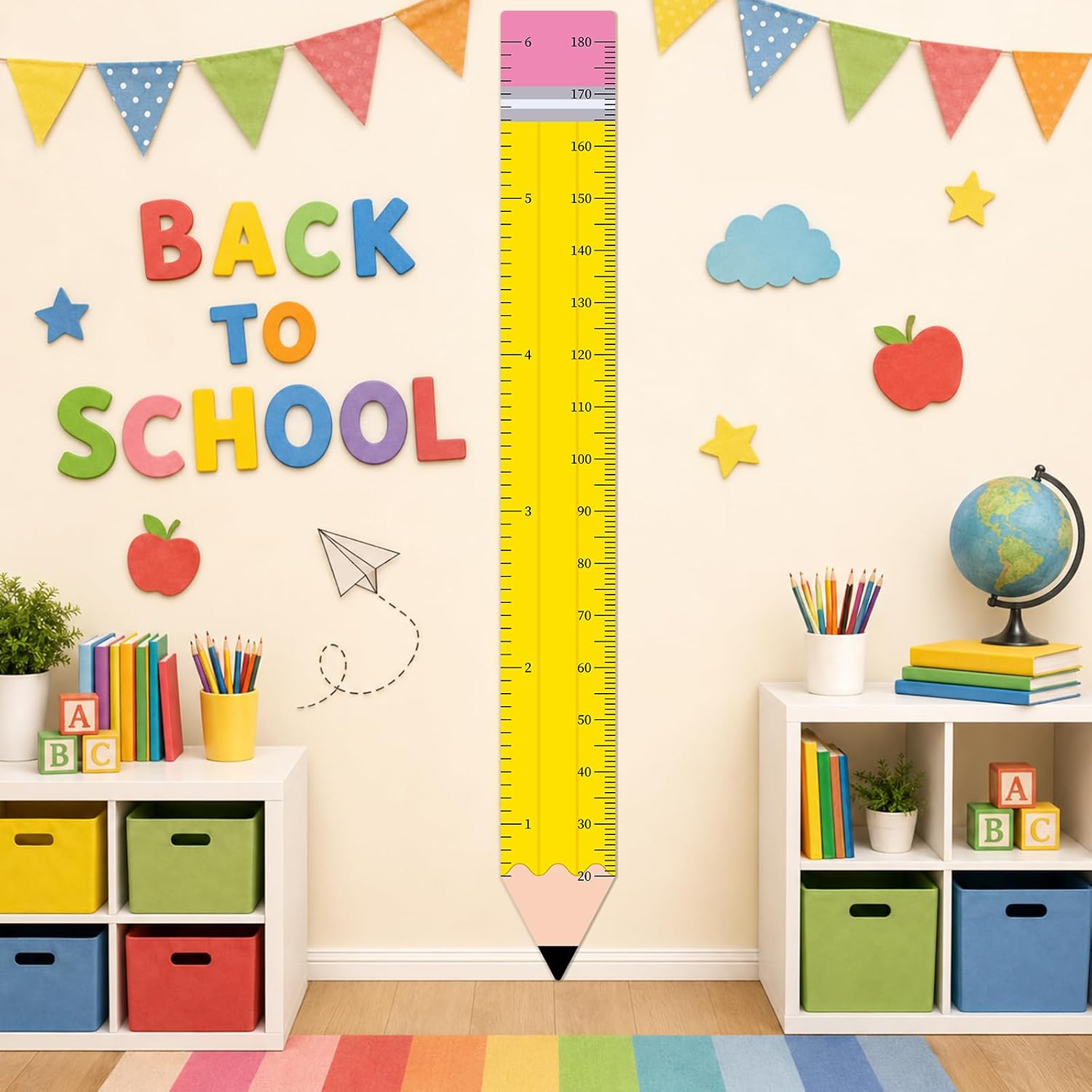 Back to School Height Growth Chart Sticker 73.2 x 8.7 inch Pencil Shaped Height Measurement Ruler Sticker Removable PVC Wall Decor for Classroom Bedroom Playroom Nursery Kindergarten Decor