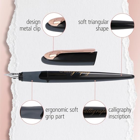 Online calligraphy fountain pen AIR black rosegold, calligraphy nib 1.4 mm, standard ink cartridges or converter, triangular shape, for fine and smooth writing, ink pen for journaling, handlettering